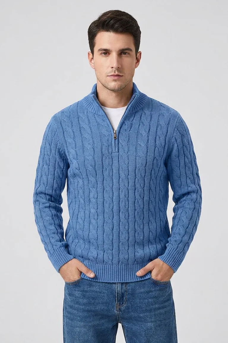 Callahan Zip Sweater in Light Blue - front view