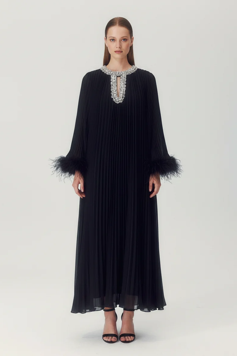 Odessa Feather Dress in Black - front view