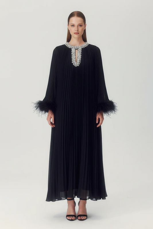 Odessa Feather Dress in Black - front view