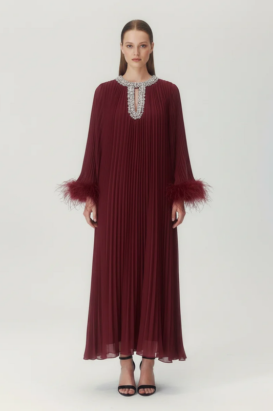 Odessa Feather Dress in Burgundy - front view