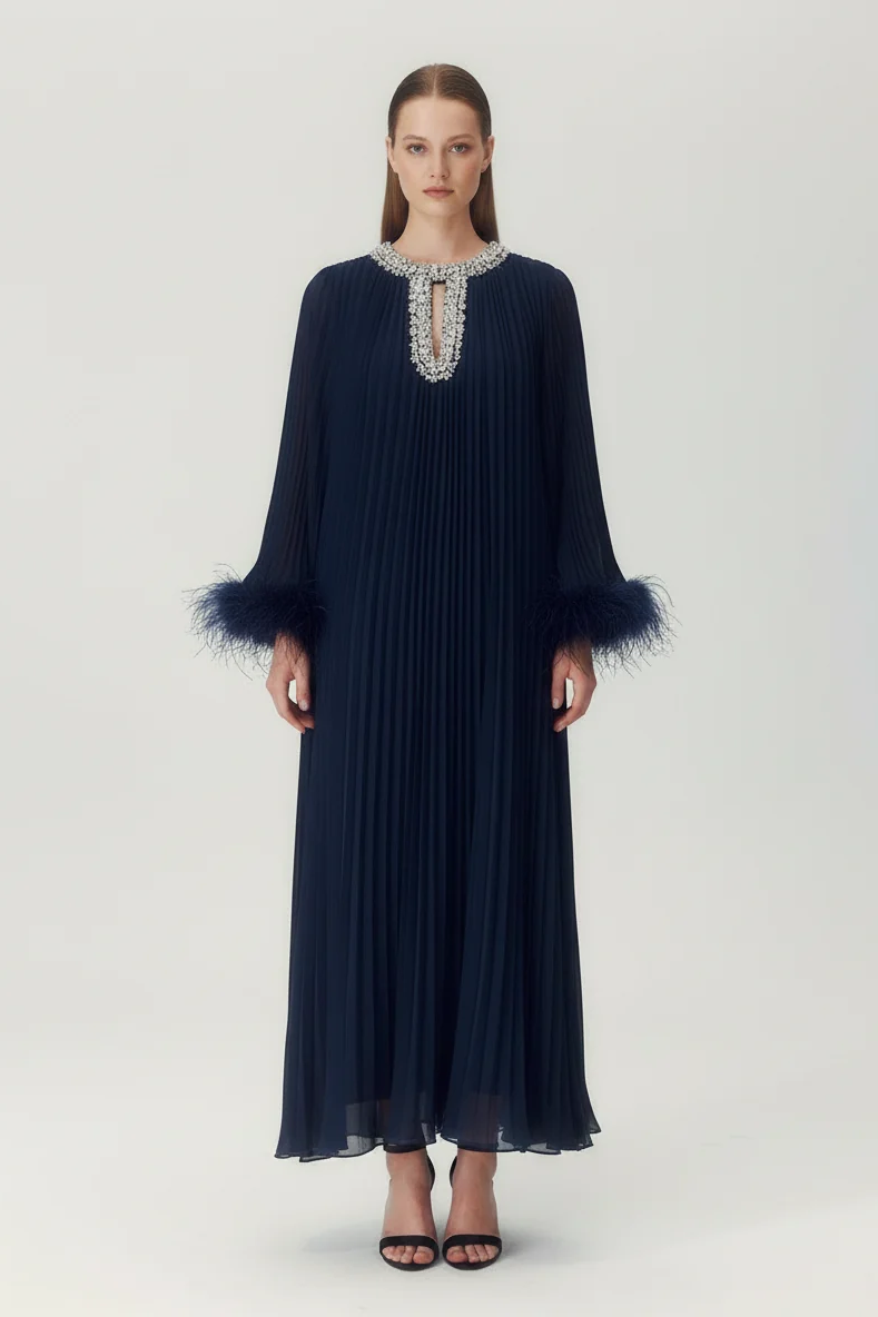 Odessa Feather Dress in Navy Blue - front view