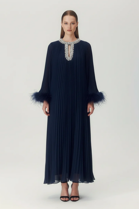 Odessa Feather Dress in Navy Blue - front view