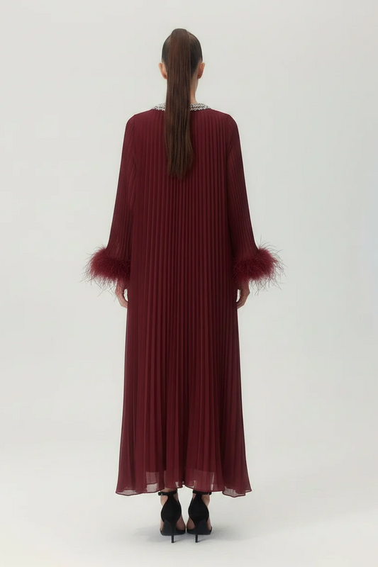 Odessa Feather Dress in Burgundy - back view