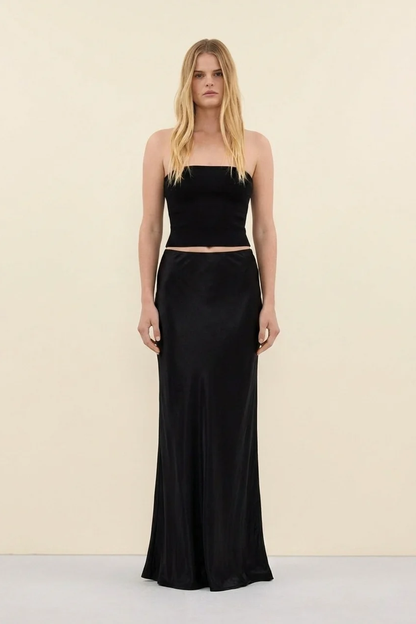 Vienna Satin Skirt in Black - front view