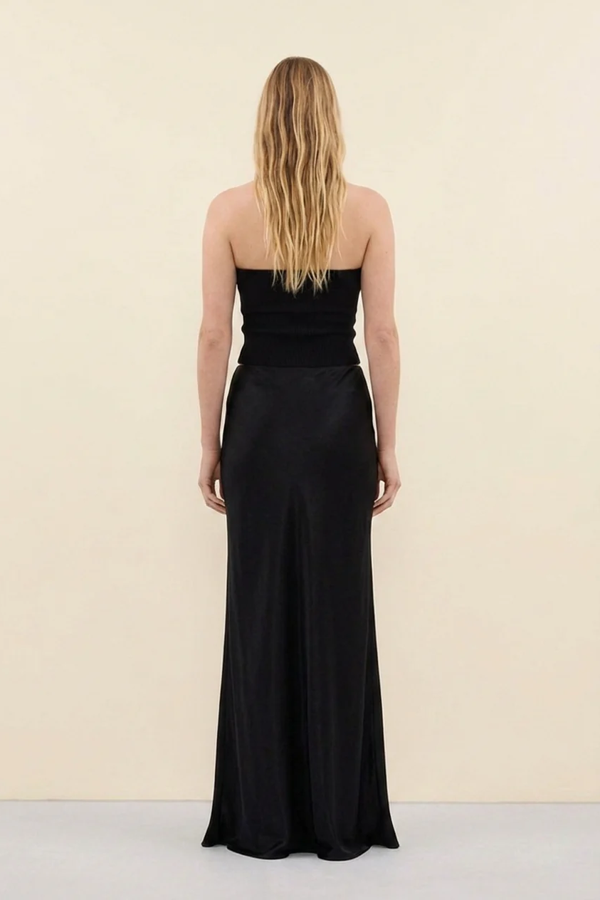 Vienna Satin Skirt in Black - back view
