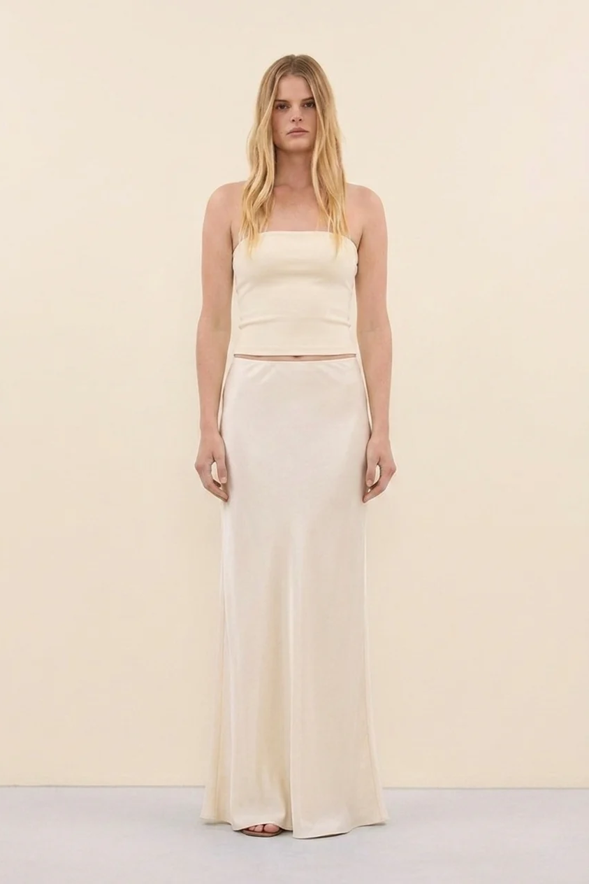 Vienna Satin Skirt in Ivory - front view