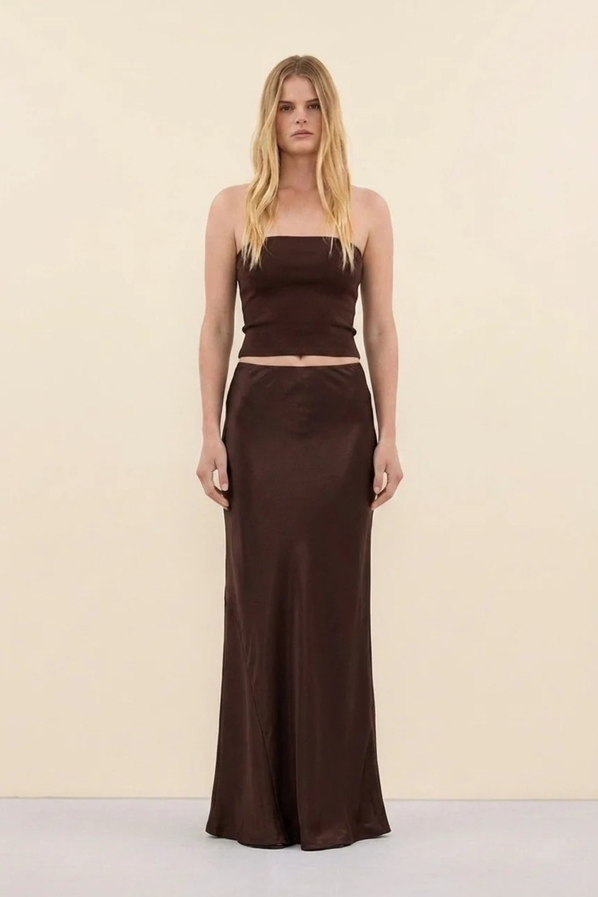 Vienna Satin Skirt in Bitter Chocolate - front view
