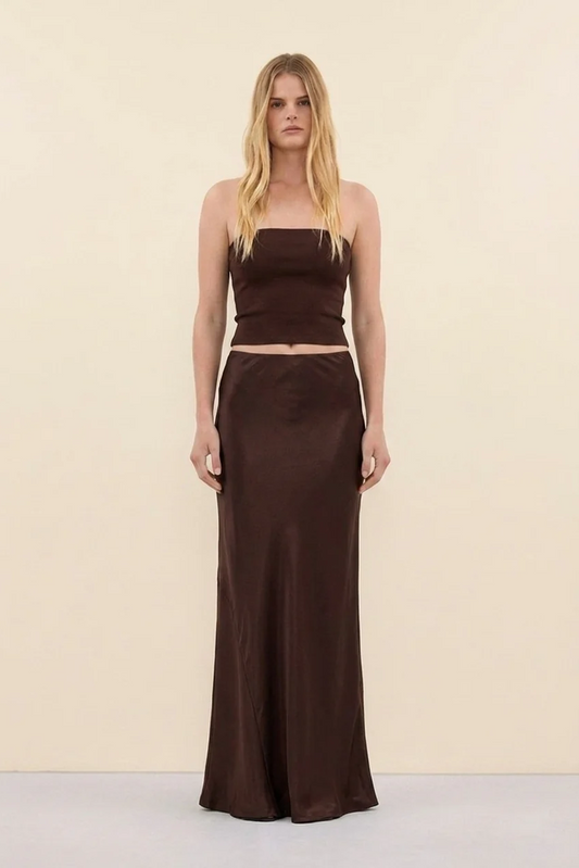 Vienna Satin Skirt in Bitter Chocolate - front view