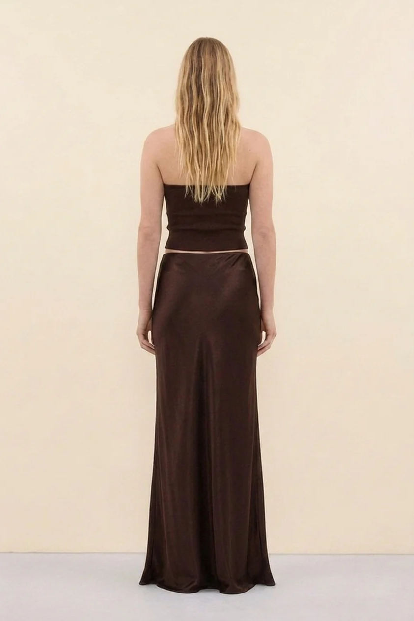 Vienna Satin Skirt in Bitter Chocolate - back view