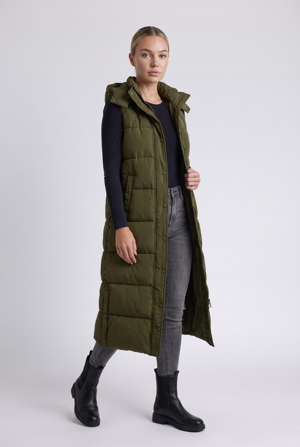 Sabine Puffer Vest in Army Green - three-quarter view