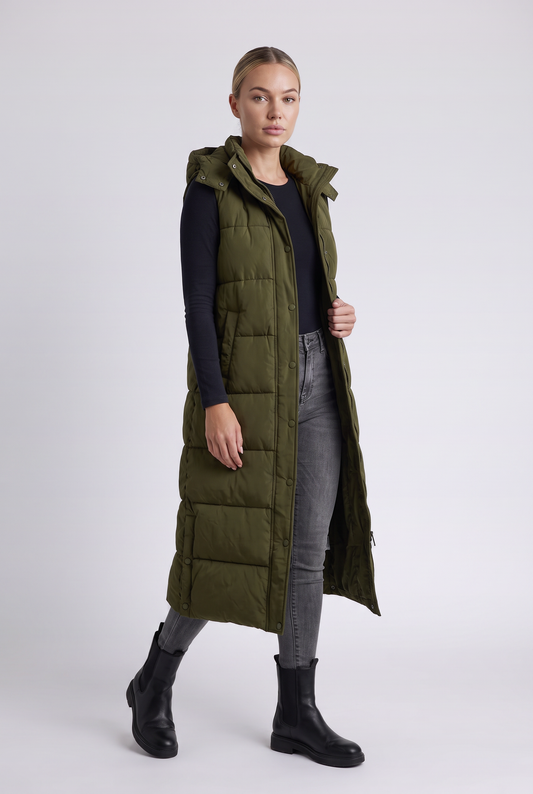 Sabine Puffer Vest in Army Green - three-quarter view