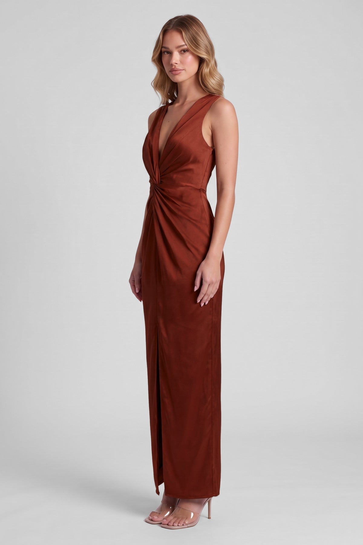 Daphne Satin Twist Maxi Dress - Rust, three-quarter view