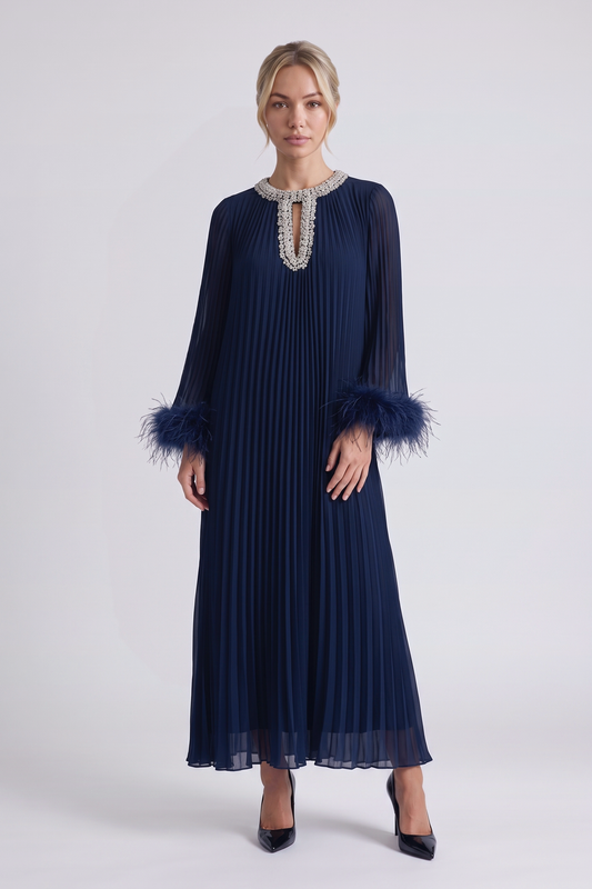 Odessa Feather Dress in Navy Blue - front view