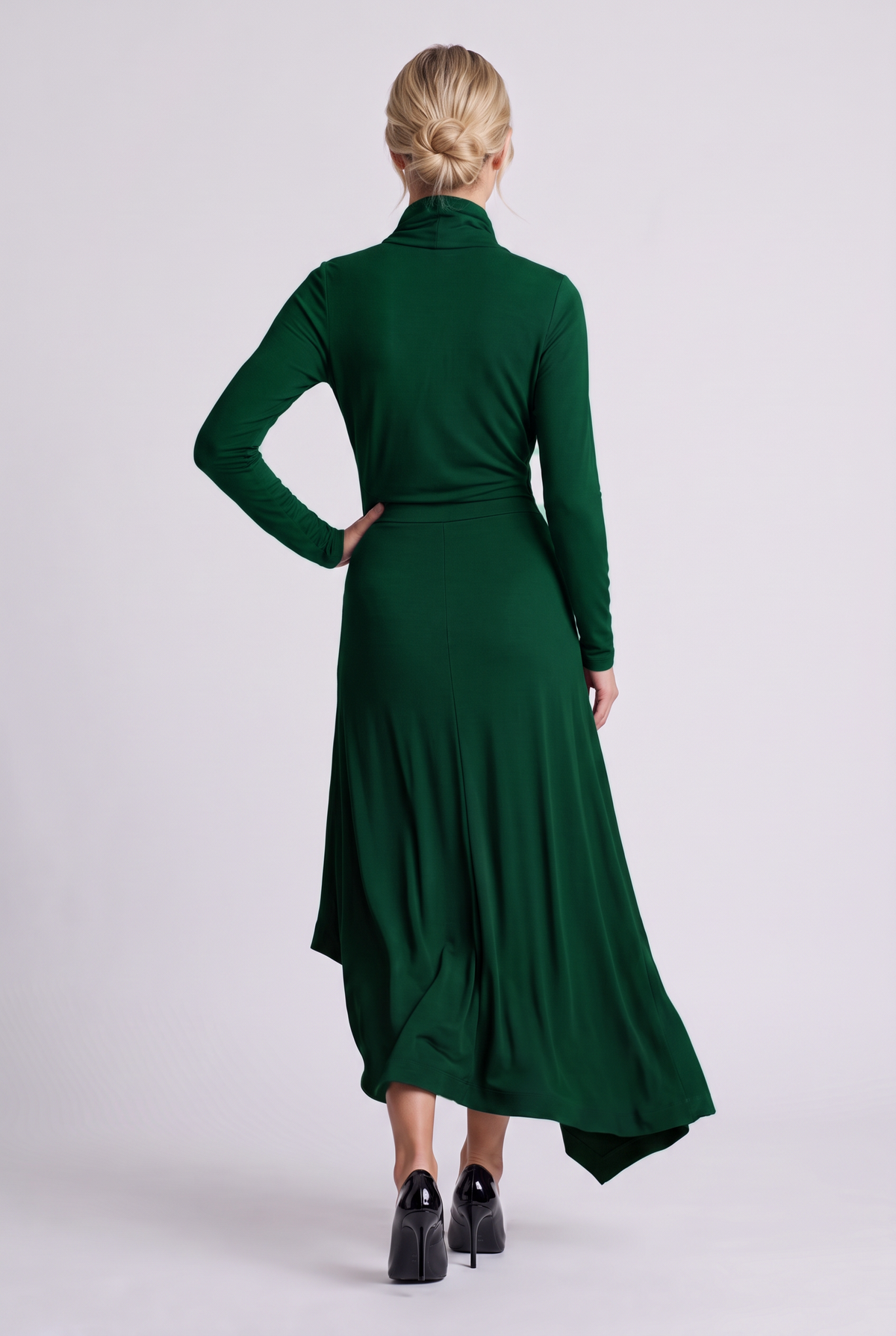 Aurelie Draped Turtleneck Maxi Dress in Green, back view