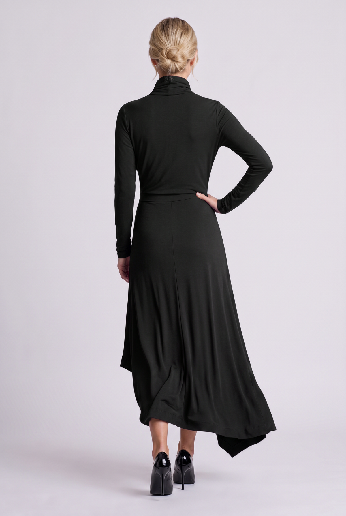 Aurelie Draped Turtleneck Maxi Dress in Black, back view