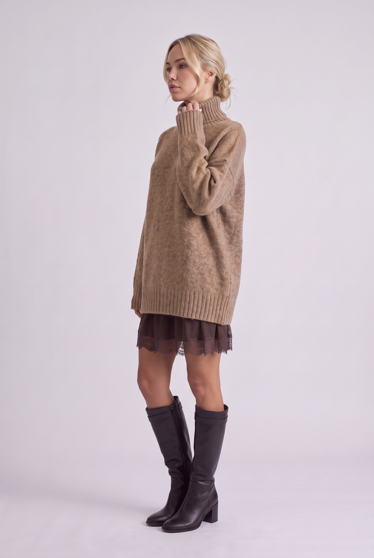 Brielle Oversized Turtleneck Sweater in Khaki, three-quarter view
