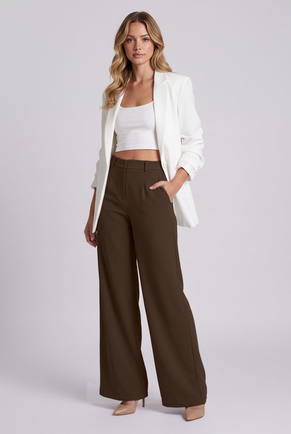 Elise Trousers in Brown styled with a blazer