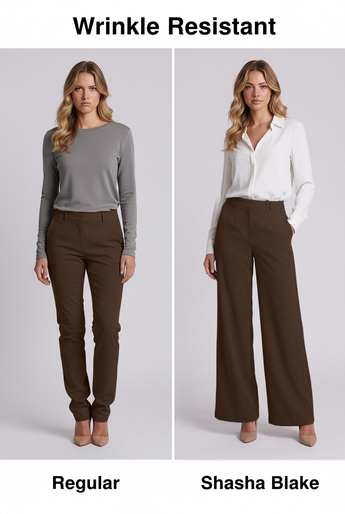 Elise Trousers in Brown, wrinkle resistant comparison