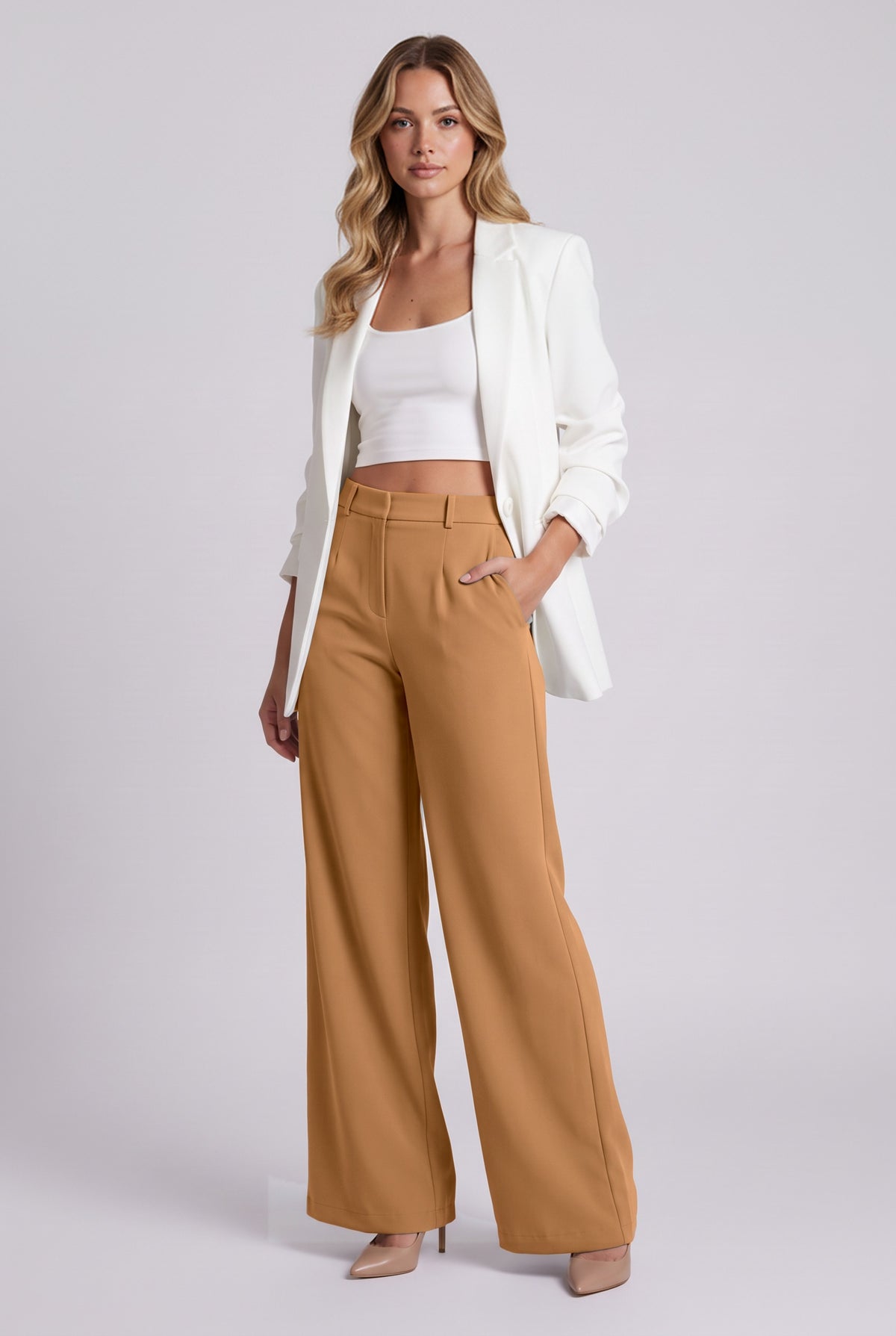 Elise Trousers in Camel styled with a blazer