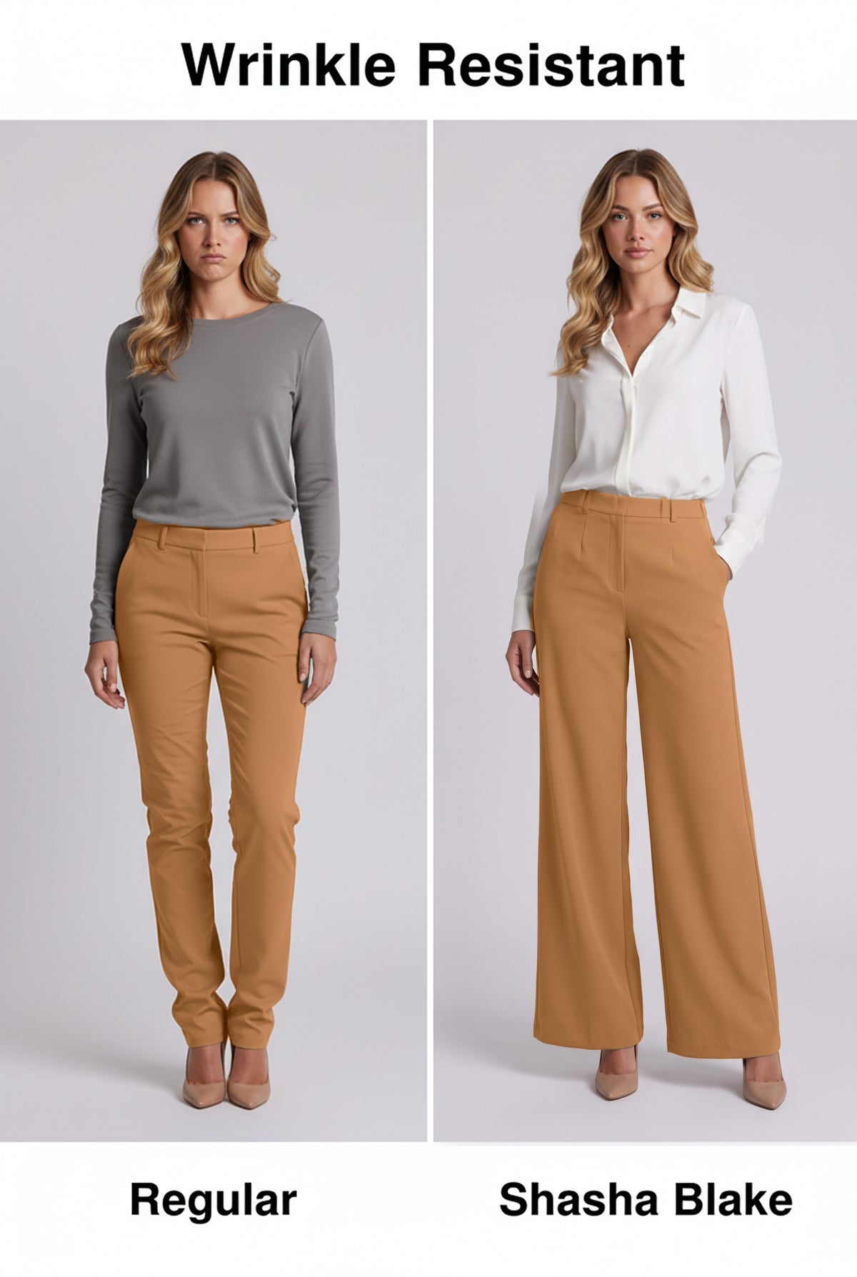 Elise Trousers in Camel, wrinkle resistant comparison