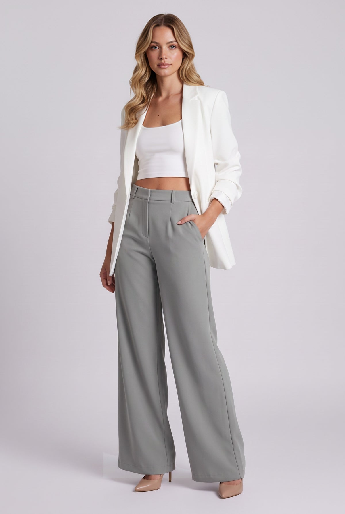 Elise Trousers in Grey styled with a blazer