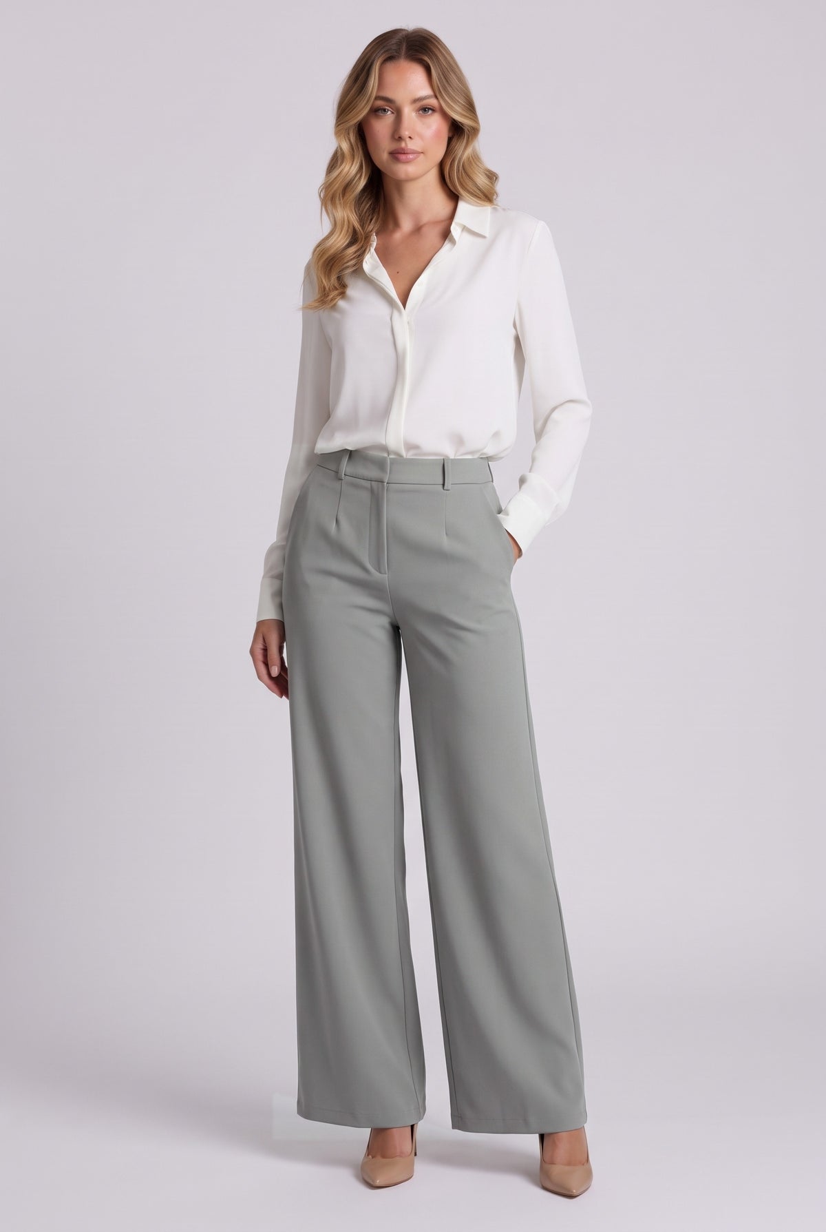 Elise High-Waisted Pleated Trousers in Grey, front view
