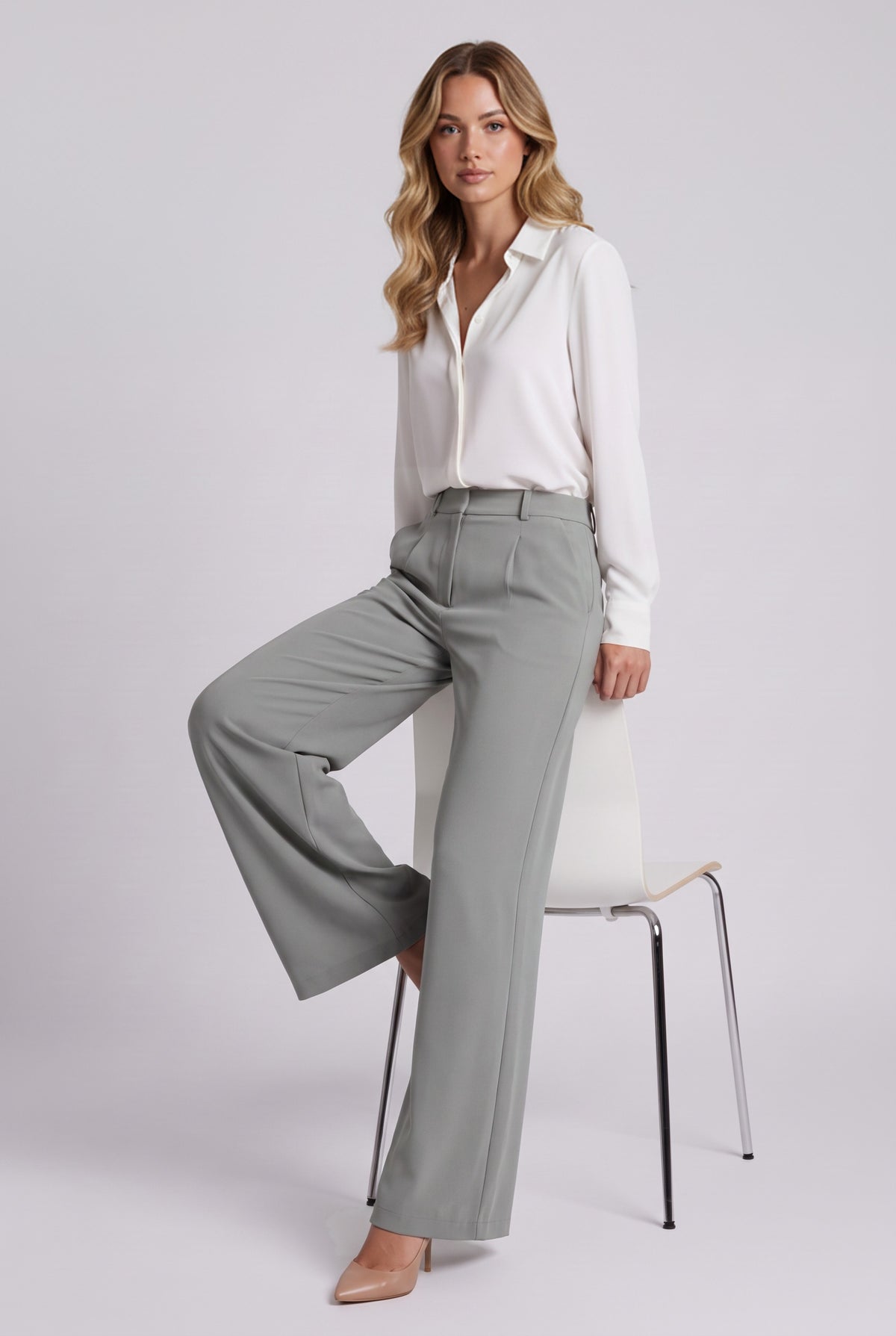 Elise Trousers in Grey, seated stretch demonstration