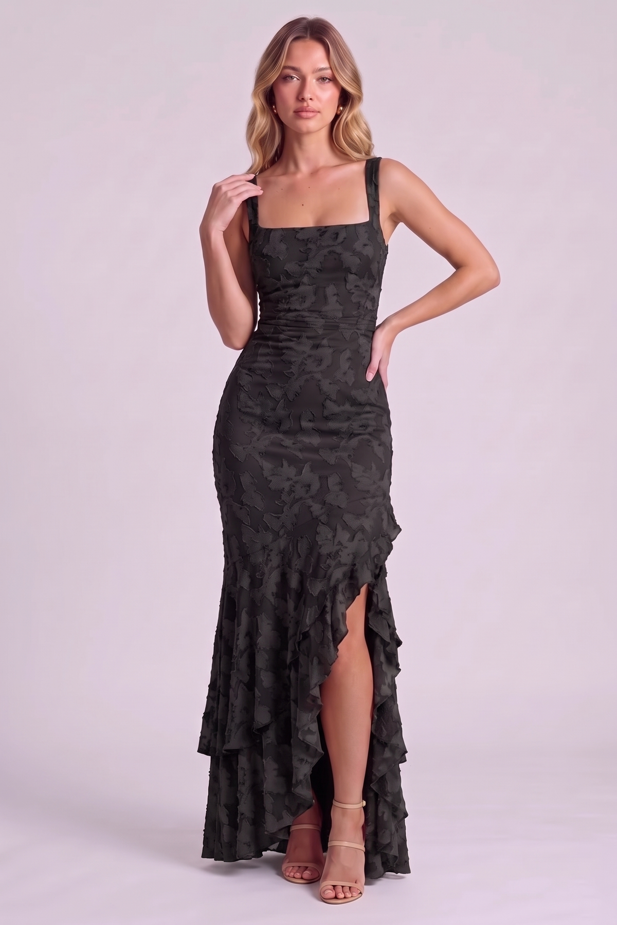 Elowen Floral Ruffle Mermaid Dress - Black