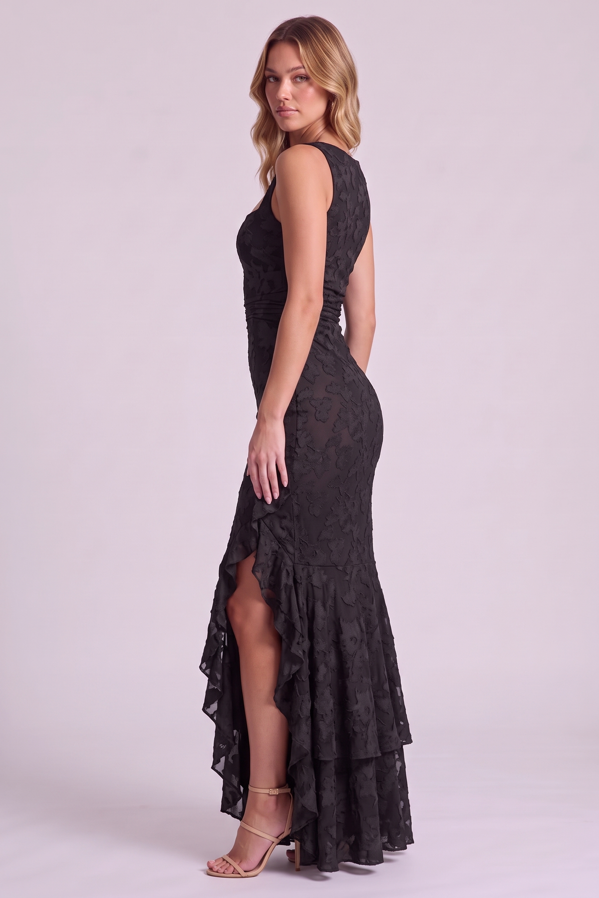 Elowen Floral Ruffle Mermaid Dress - Black