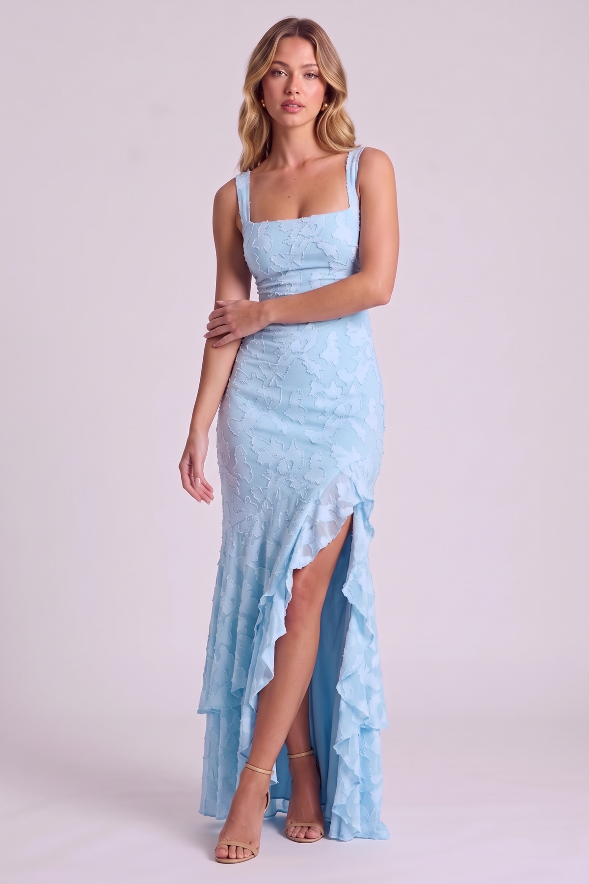 Elowen Floral Ruffle Mermaid Dress - Sky Blue