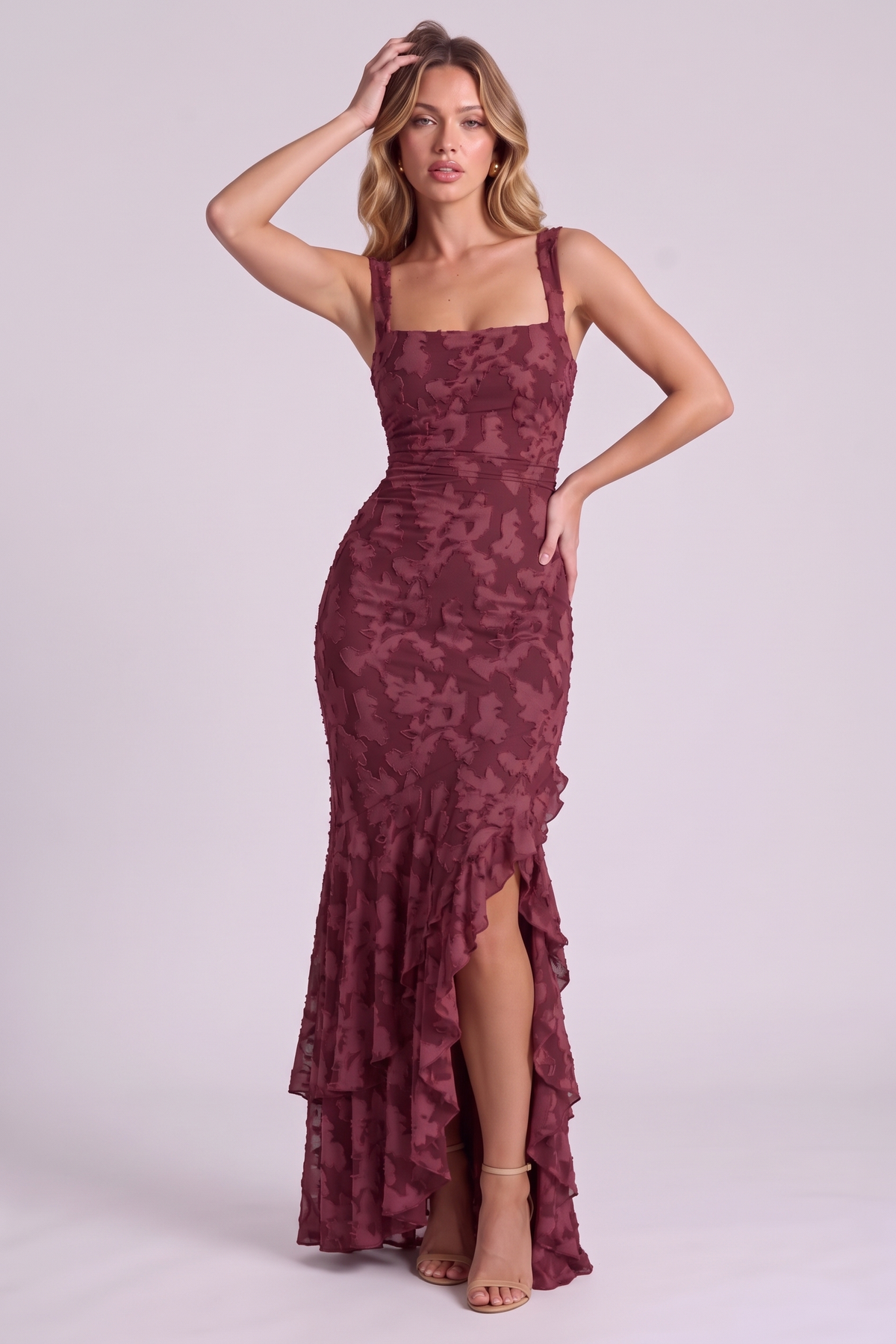 Elowen Floral Ruffle Mermaid Dress - Wine Red