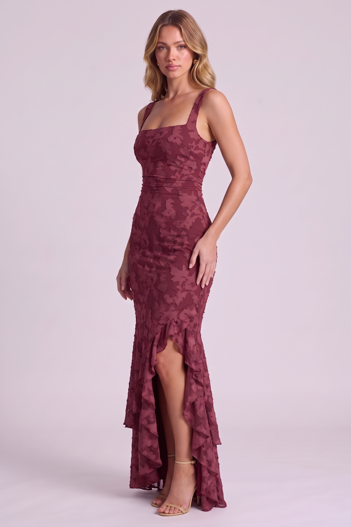 Elowen Floral Ruffle Mermaid Dress - Wine Red