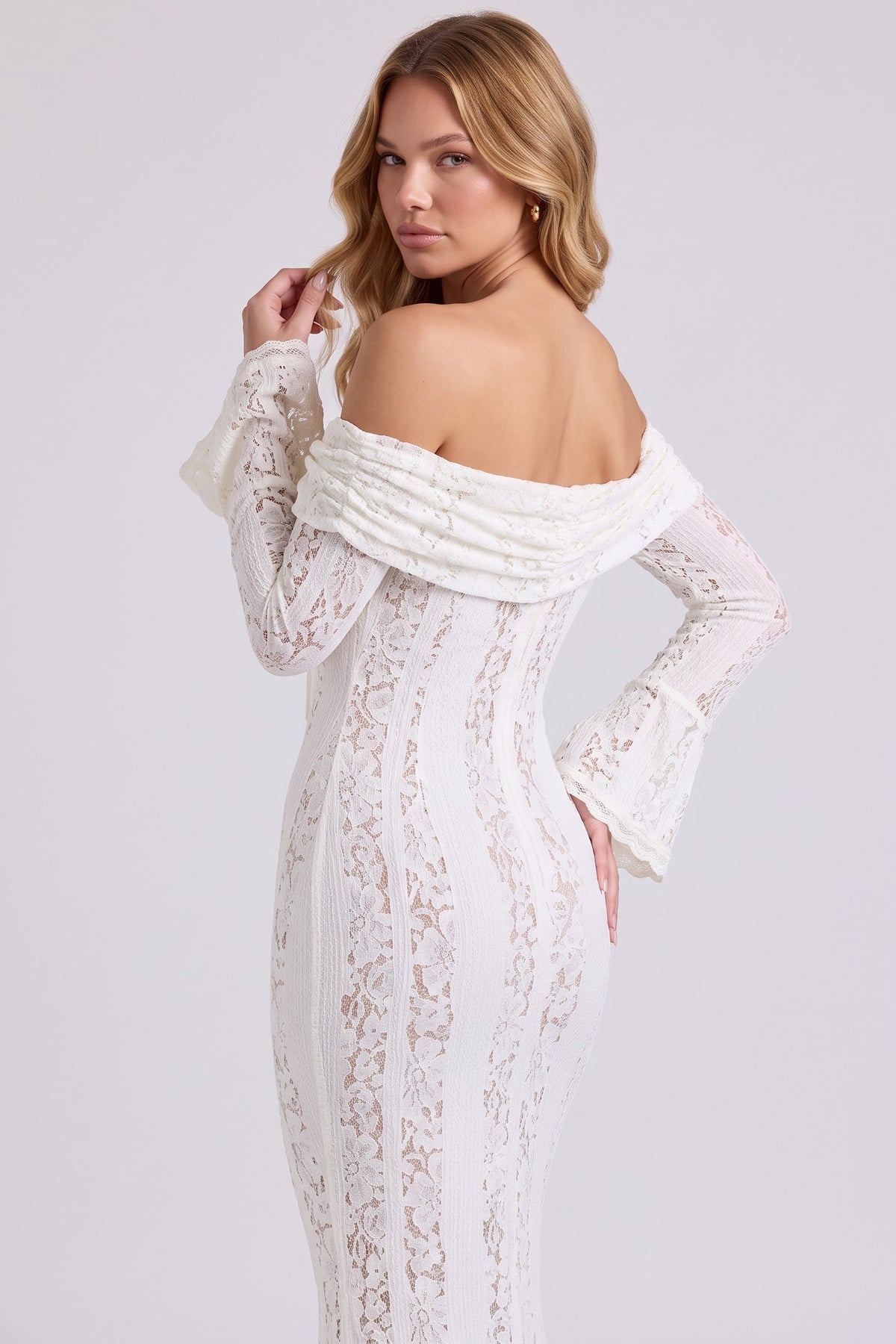 Amara Lace Gown in White - pose