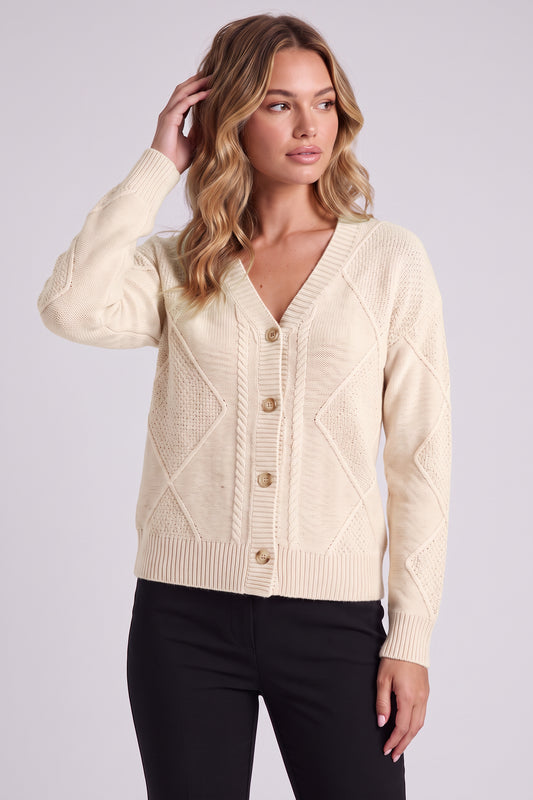 Maren Cable Knit Button Cardigan in Cream - front view