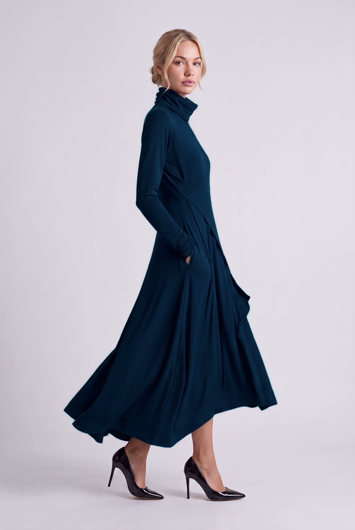 Aurelie Draped Turtleneck Maxi Dress in Navy, three-quarter view