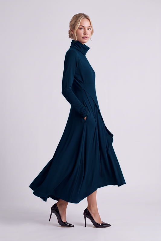 Aurelie Draped Turtleneck Maxi Dress in Navy, three-quarter view