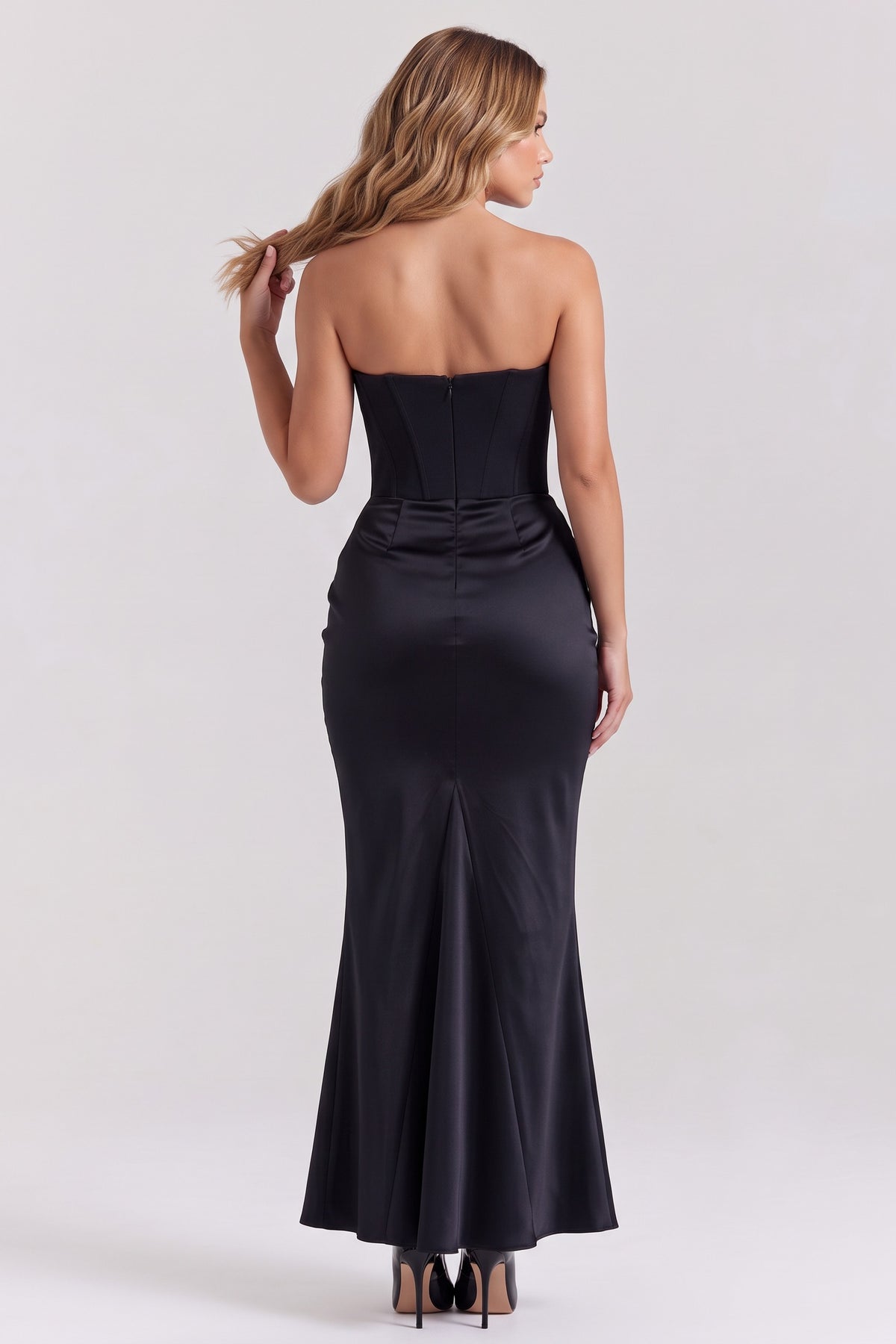Gisele Satin Gown in Black - back view