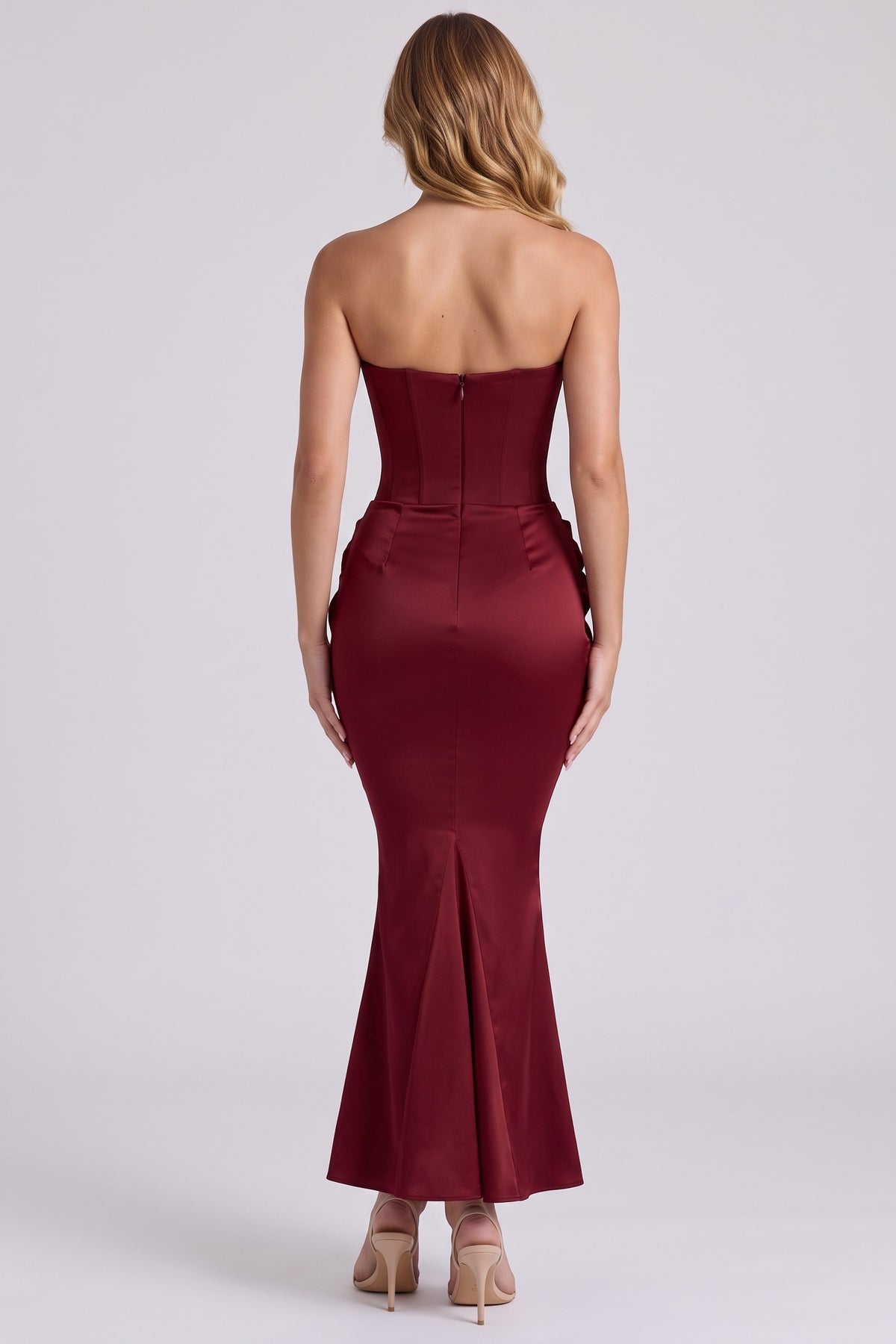 Gisele Satin Gown in Burgundy - back view
