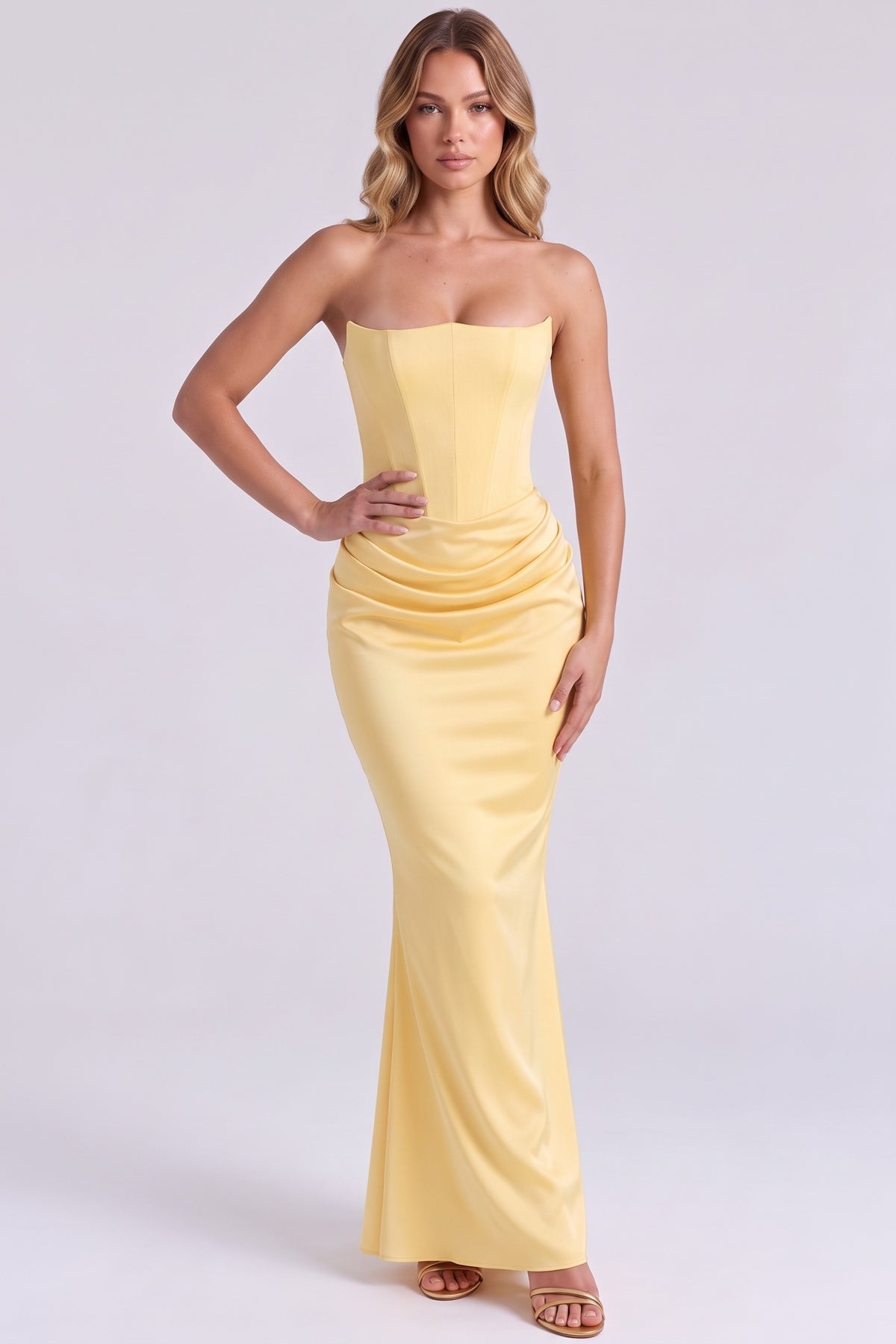 Gisele Satin Gown in Butter Yellow - front