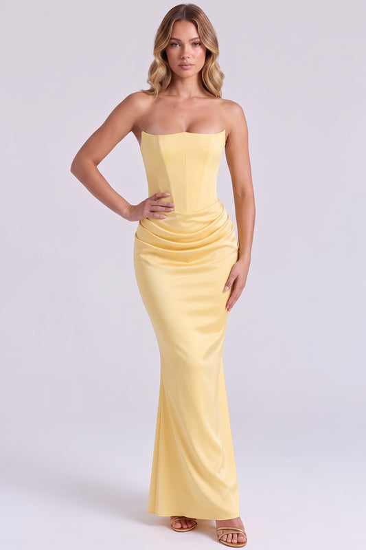 Gisele Satin Gown in Butter Yellow - front