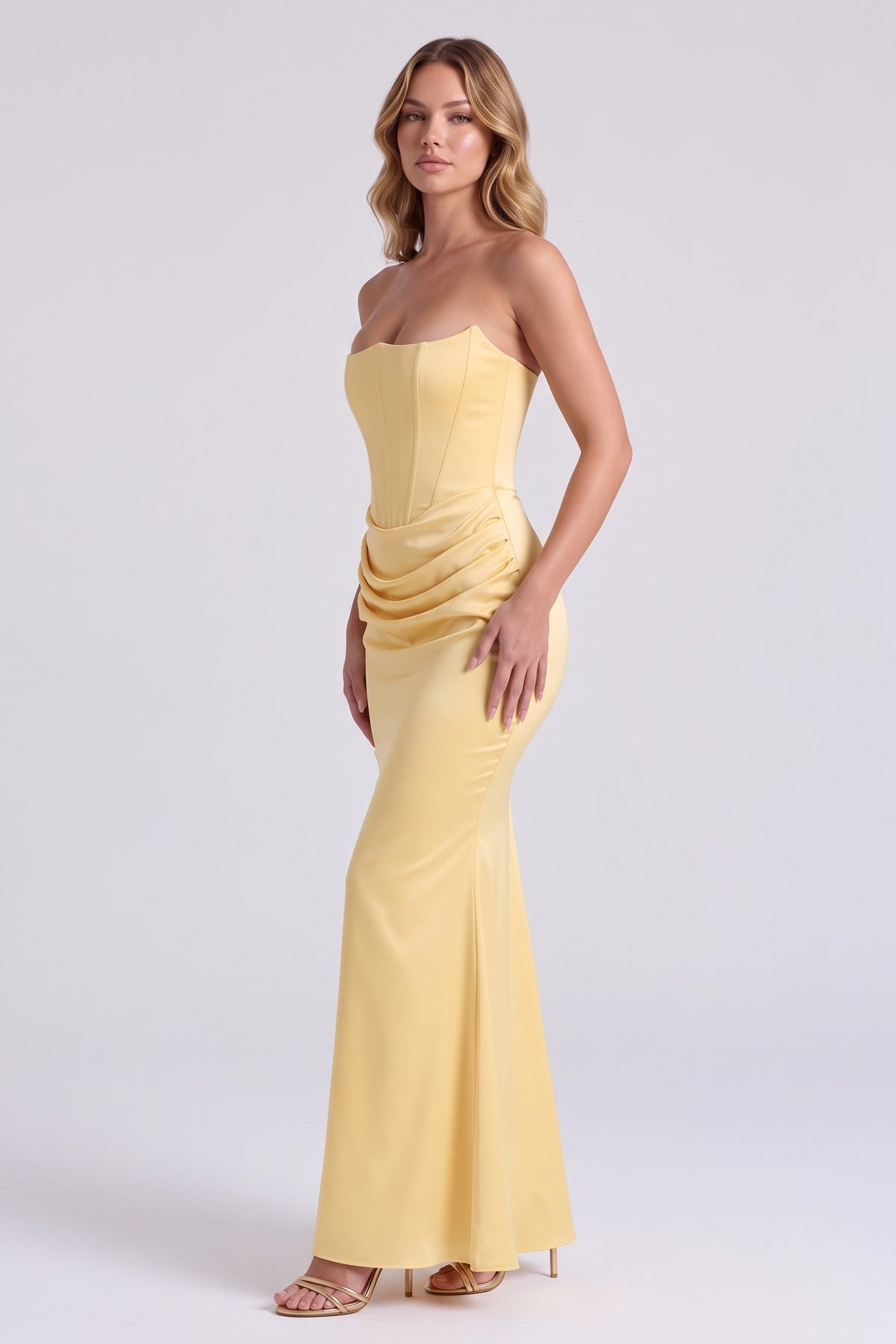 Gisele Satin Gown in Butter Yellow - side view