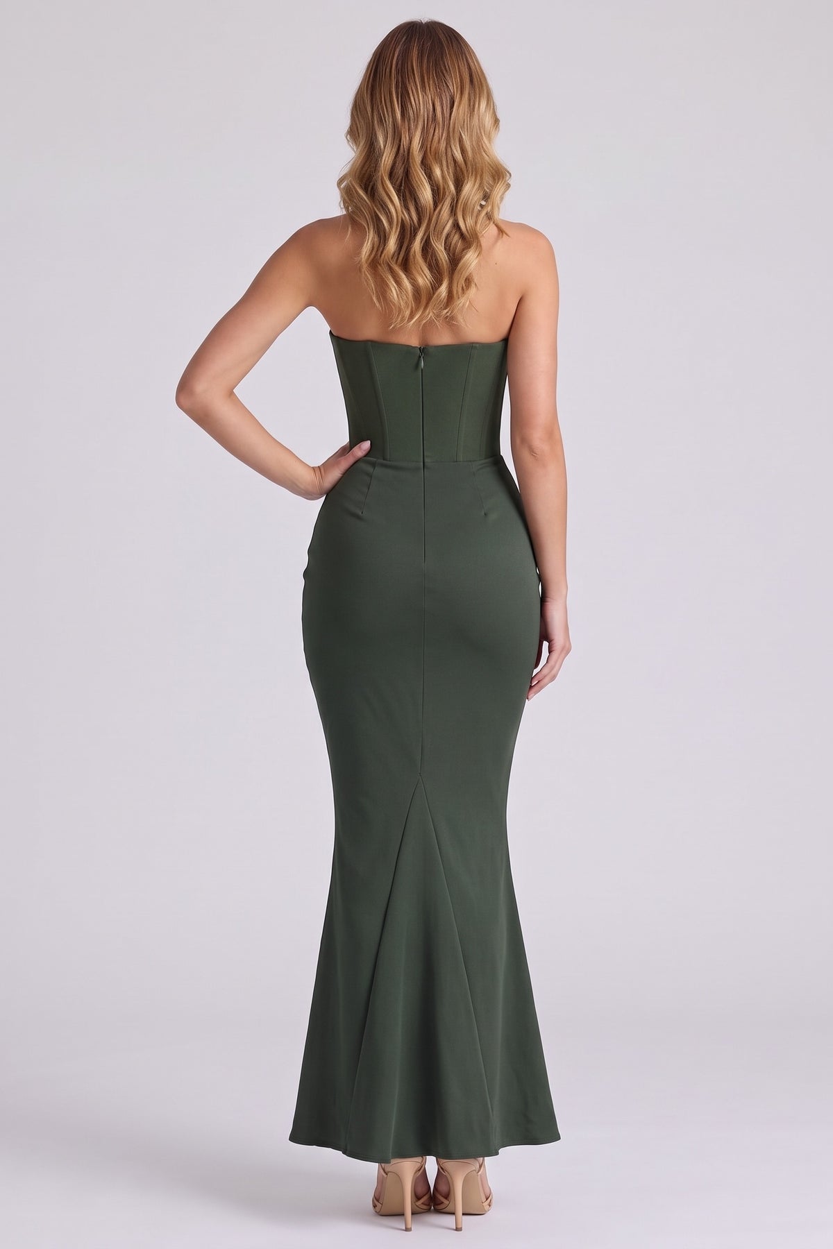 Gisele Satin Gown in Forest Green - back view