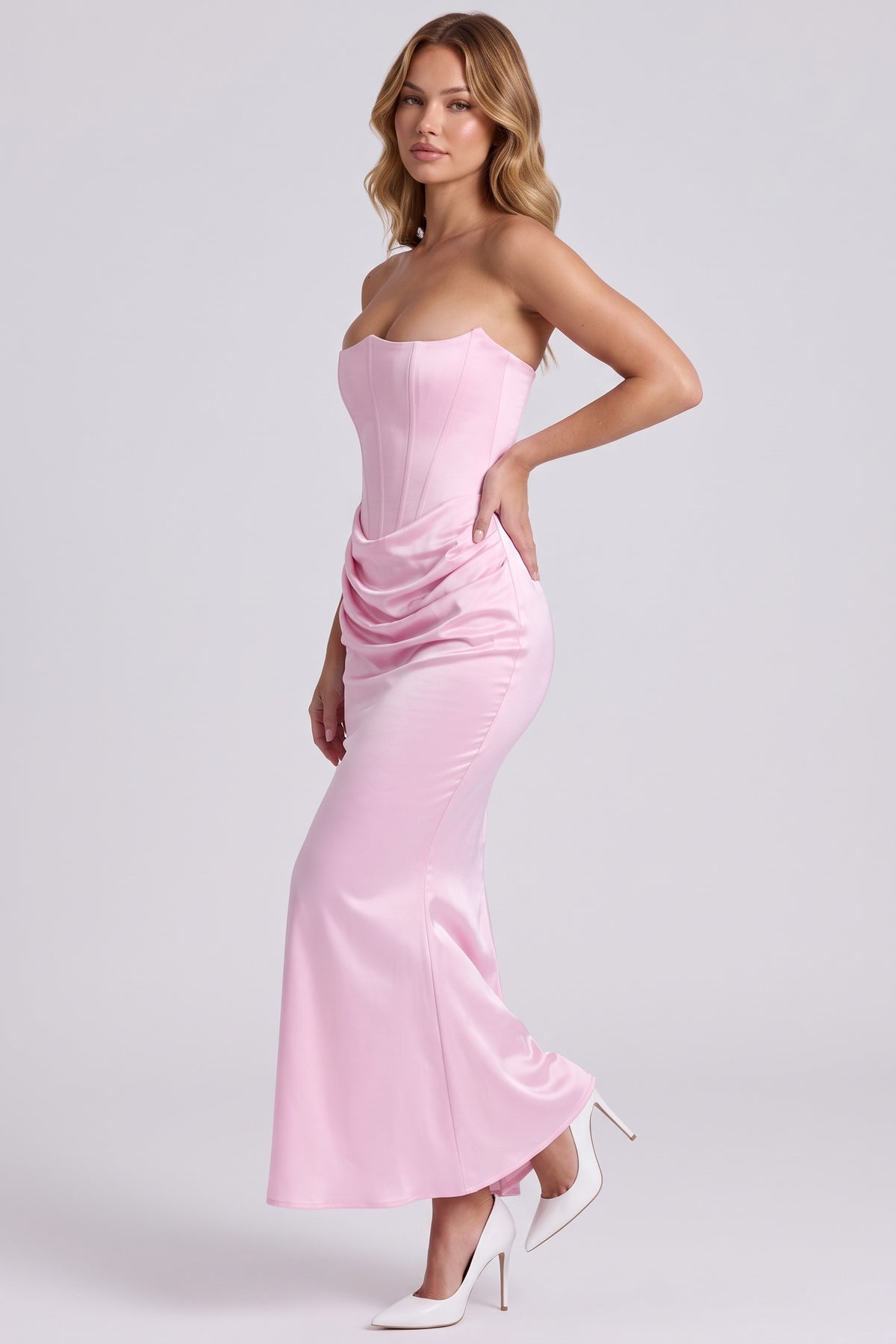 Gisele Satin Gown in Pink - side view