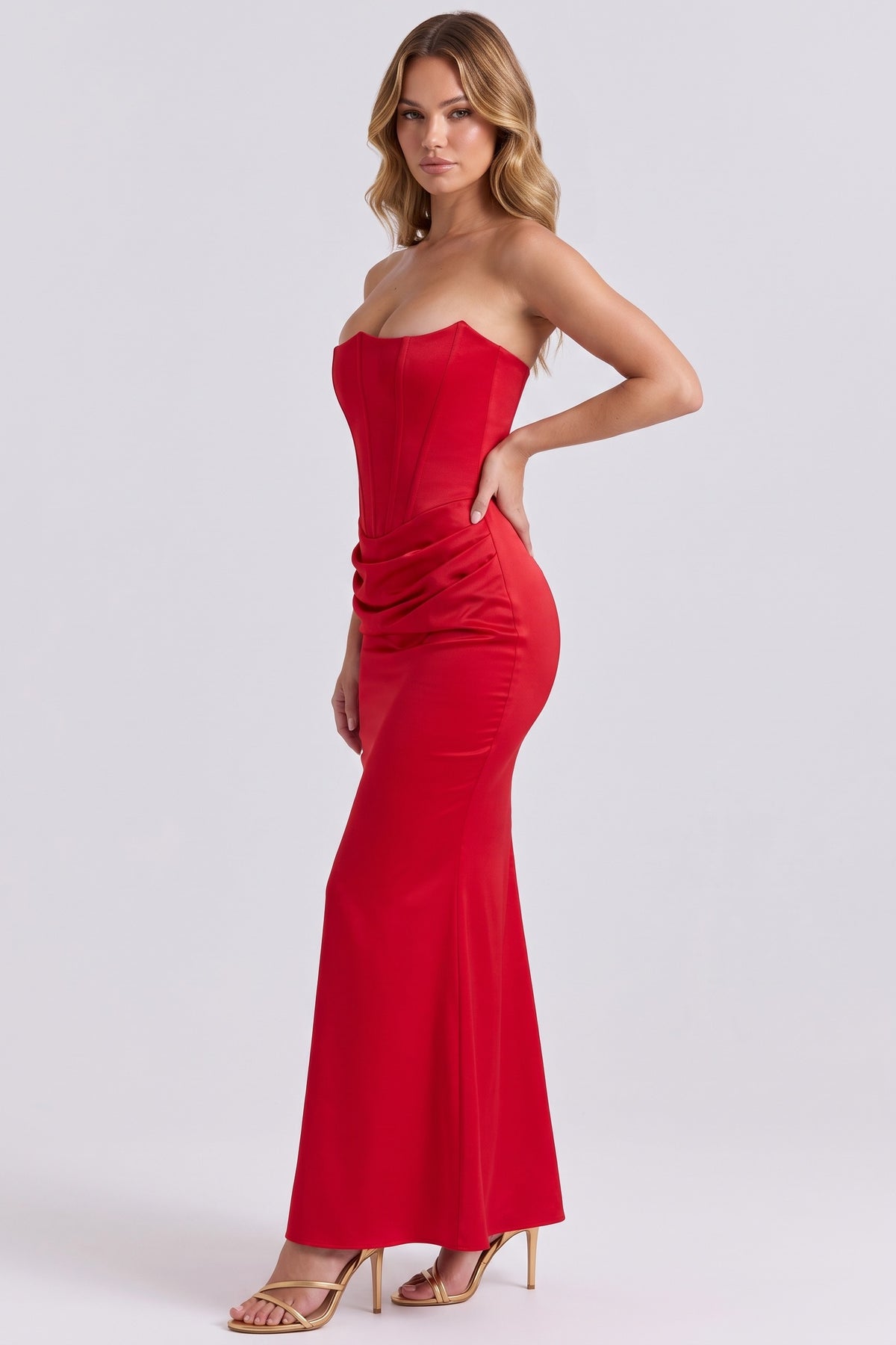 Gisele Satin Gown in Red - side view