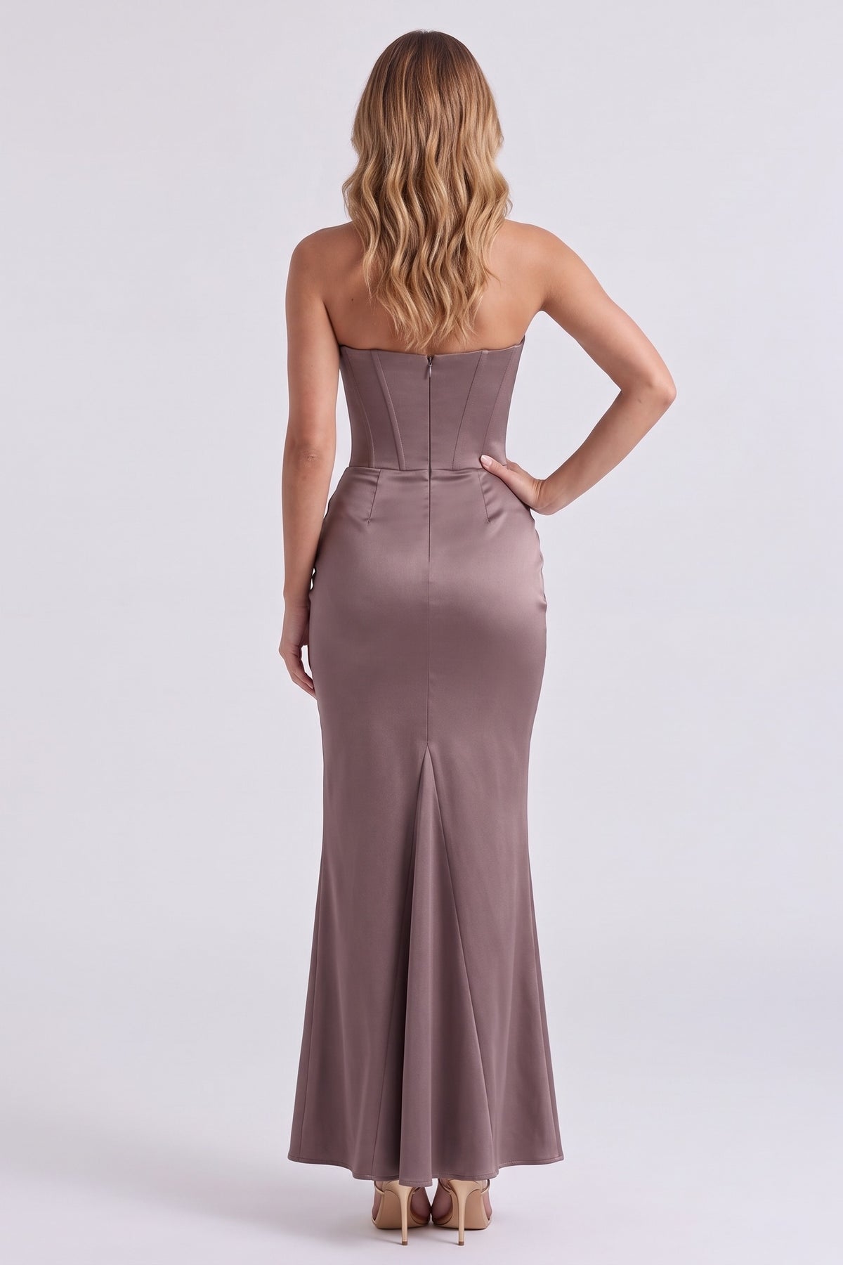 Gisele Satin Gown in Smoke - back view