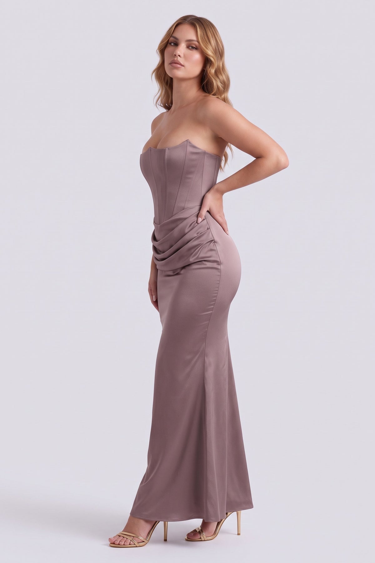 Gisele Satin Gown in Smoke - side view