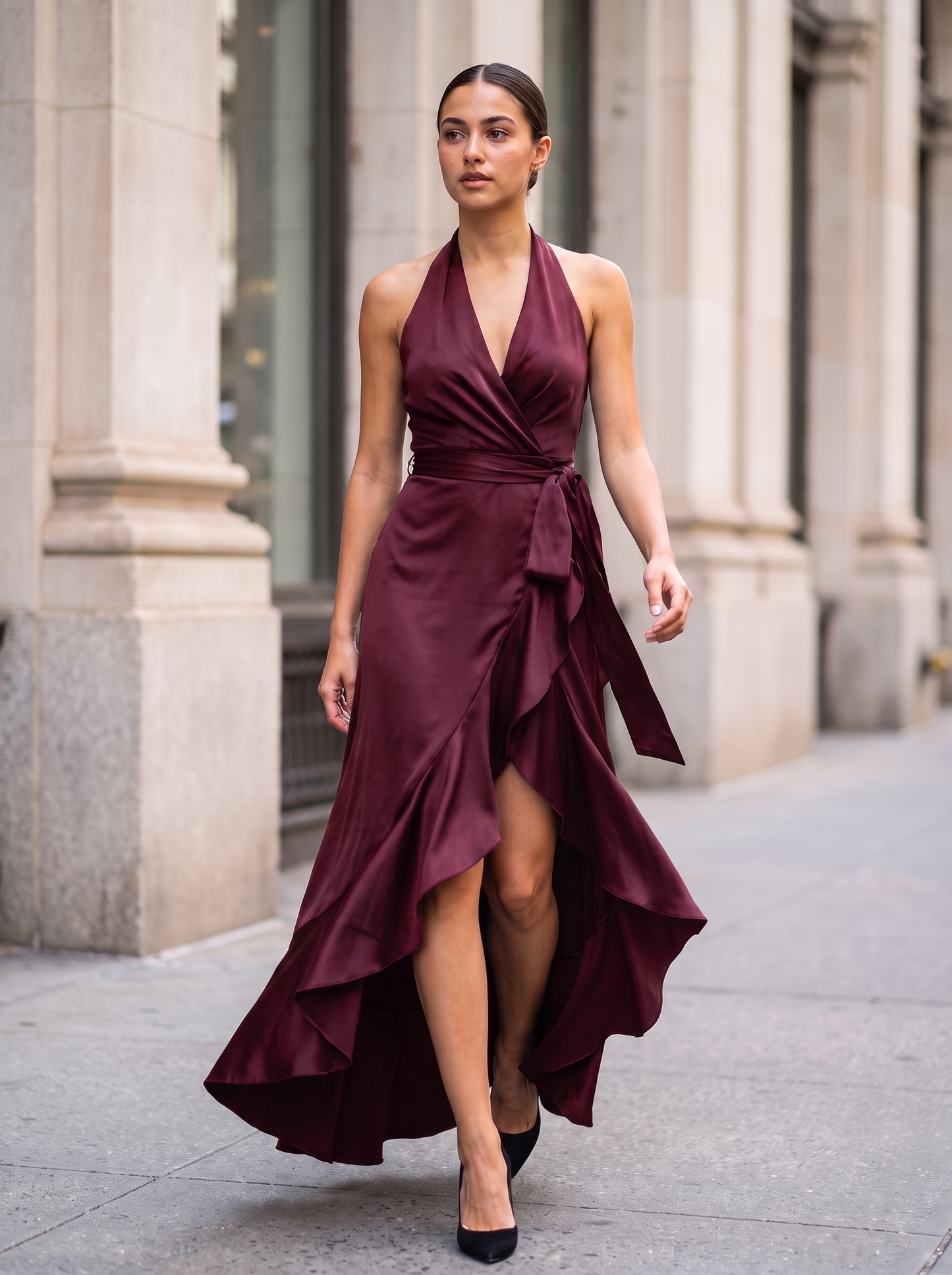 Twilight Elegance Satin Halter Wrap Gown - Burgundy