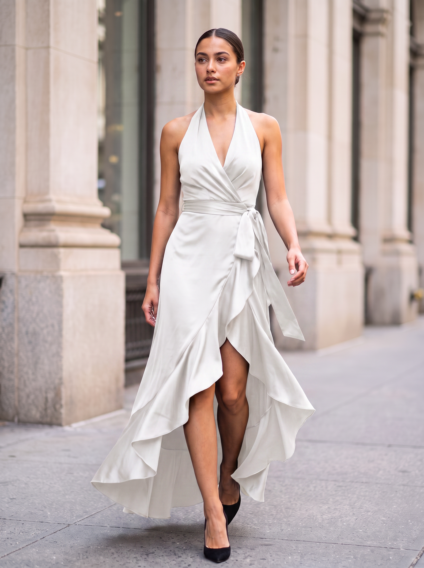 Twilight Elegance Satin Halter Wrap Gown - White