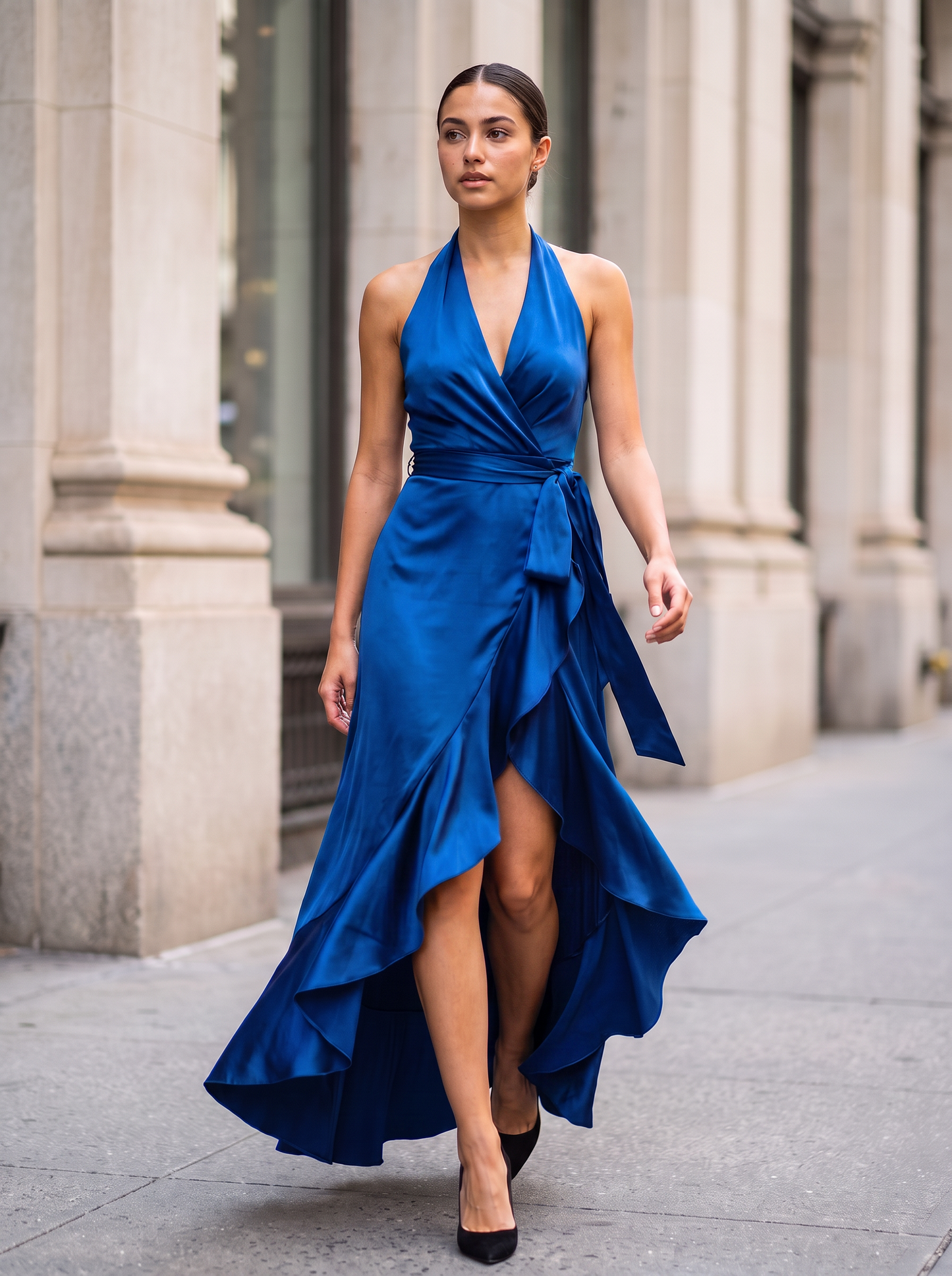 Twilight Elegance Satin Halter Wrap Gown - Royal Blue