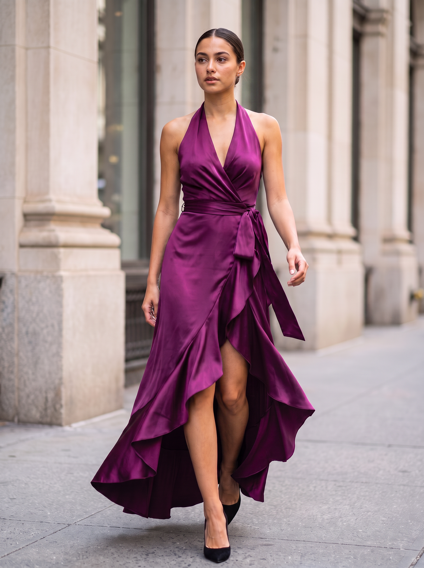 Twilight Elegance Satin Halter Wrap Gown - Fuchsia